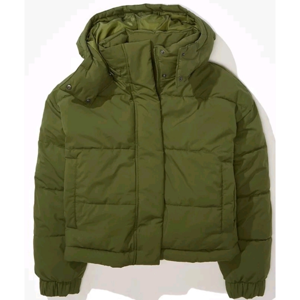 American Eagle The Big Puffy Reversible Hooded Coat Size Medium In Olive - Picture 3 of 14
